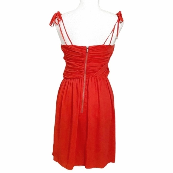 The KOOPLES CARDINAL RED SPAGHETTI STRAPS PLEATED FLOWY MINI CHIFFON DRESS - XS - Picture 3 of 10